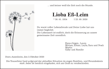 Traueranzeige von Lioba Eß-Leim von Wetterauer Zeitung