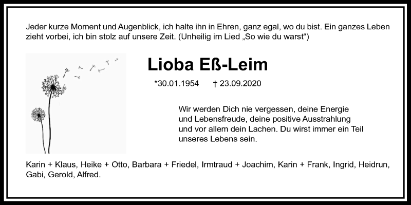  Traueranzeige für Lioba Eß-Leim vom 02.10.2020 aus Wetterauer Zeitung