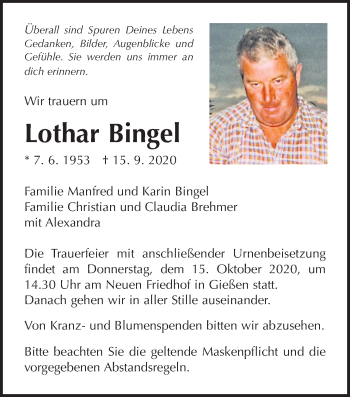 Traueranzeige von Lothar Bingel von Giessener Allgemeine, Alsfelder Allgemeine
