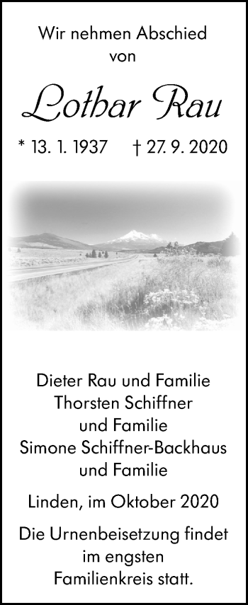 Traueranzeige von Lothar Rau von Giessener Allgemeine, Alsfelder Allgemeine