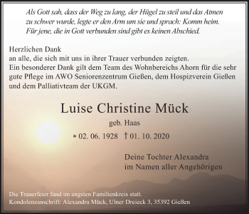 Traueranzeige von Luise Christine Mück von Licher Wochenblatt