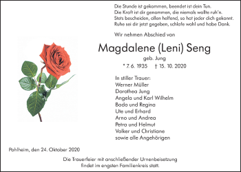 Traueranzeige von Magdalene Seng von Giessener Allgemeine, Alsfelder Allgemeine