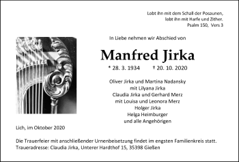 Traueranzeige von Manfred Jirka von Giessener Allgemeine, Alsfelder Allgemeine