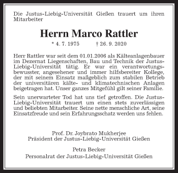 Traueranzeige von Marco Rattler von Giessener Allgemeine, Alsfelder Allgemeine