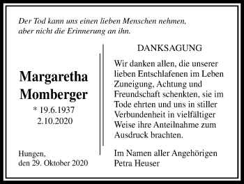 Traueranzeige von Margaretha Momberger von Licher Wochenblatt