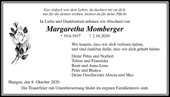 Traueranzeige von Margaretha Momberger von Licher Wochenblatt