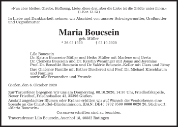 Traueranzeige von Maria Boucsein von Giessener Allgemeine, Alsfelder Allgemeine