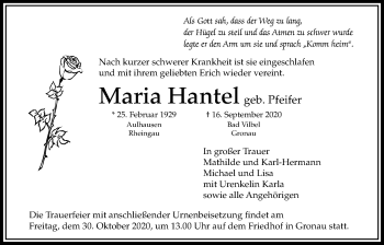 Traueranzeige von Maria Hantel von Bad Vilbel/Karben