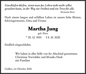 Traueranzeige von Martha Jung von Giessener Allgemeine, Alsfelder Allgemeine