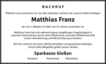 Traueranzeige von Matthias Franz von Giessener Allgemeine, Alsfelder Allgemeine