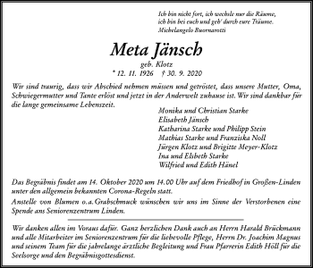 Traueranzeige von Meta Jänsch von Giessener Allgemeine, Alsfelder Allgemeine