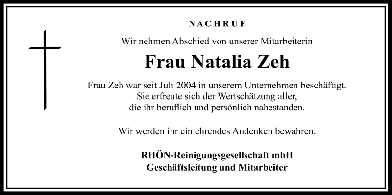  Traueranzeige für Natalia Zeh vom 12.10.2020 aus Giessener Allgemeine, Alsfelder Allgemeine