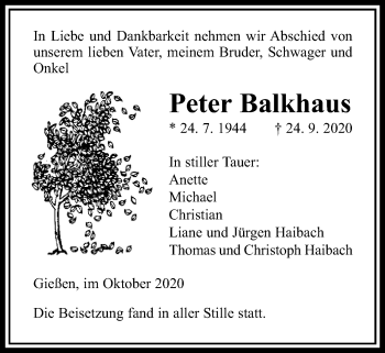 Traueranzeige von Peter Balkhaus von Giessener Allgemeine, Alsfelder Allgemeine