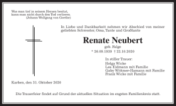 Traueranzeige von Renate Neubert von Wetterauer Zeitung