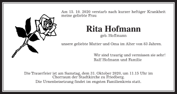 Traueranzeige von Rita Hofmann von Wetterauer Zeitung