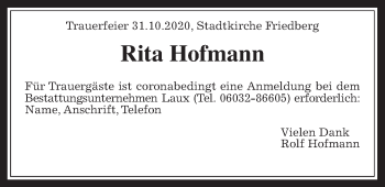 Traueranzeige von Rita Hofmann von Wetterauer Zeitung