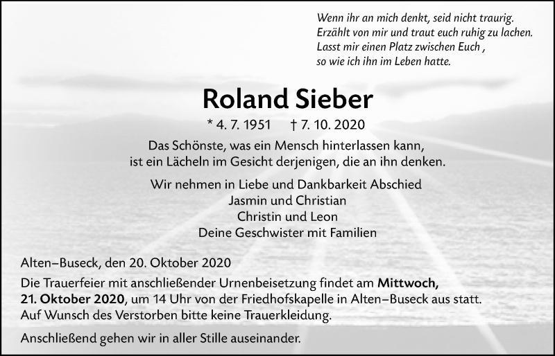  Traueranzeige für Roland Sieber vom 20.10.2020 aus Giessener Allgemeine, Alsfelder Allgemeine