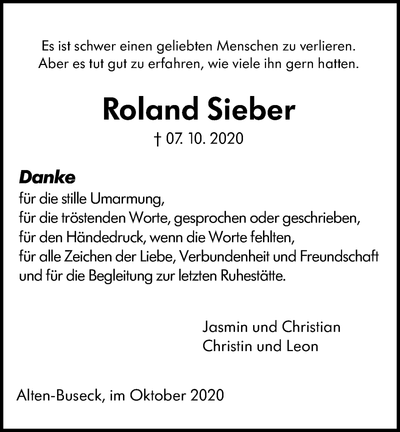  Traueranzeige für Roland Sieber vom 31.10.2020 aus Giessener Allgemeine, Alsfelder Allgemeine