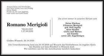 Traueranzeige von Romano Merigioli von Giessener Allgemeine, Alsfelder Allgemeine