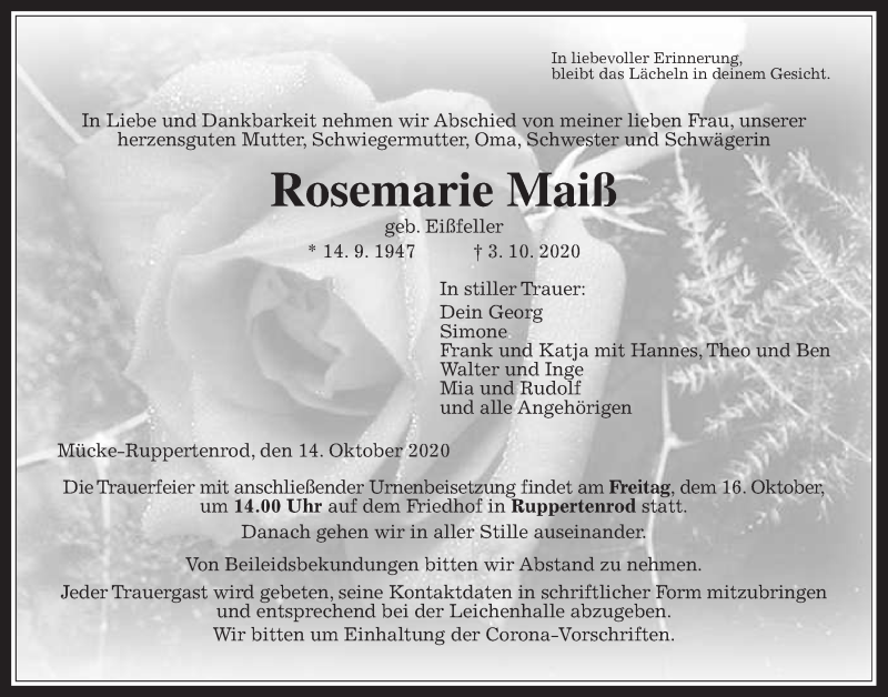  Traueranzeige für Rosemarie Maiß vom 14.10.2020 aus Giessener Allgemeine, Alsfelder Allgemeine
