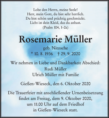 Traueranzeige von Rosemarie Müller von Giessener Allgemeine, Alsfelder Allgemeine