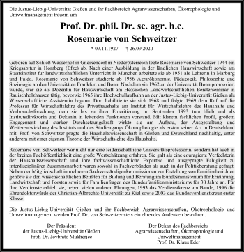 Traueranzeige von Rosemarie von Schweitzer von Giessener Allgemeine, Alsfelder Allgemeine