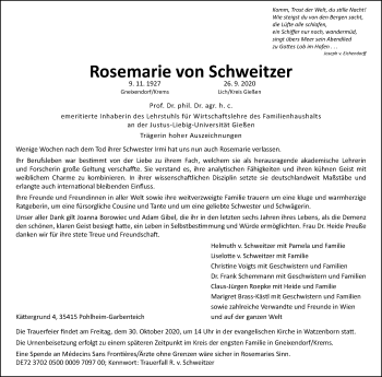 Traueranzeige von Rosemarie von Schweitzer von Giessener Allgemeine, Alsfelder Allgemeine
