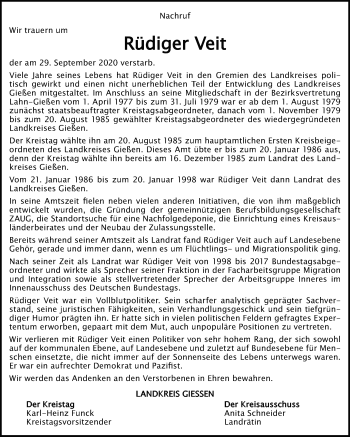 Traueranzeige von Rüdiger Veit von Giessener Allgemeine, Alsfelder Allgemeine