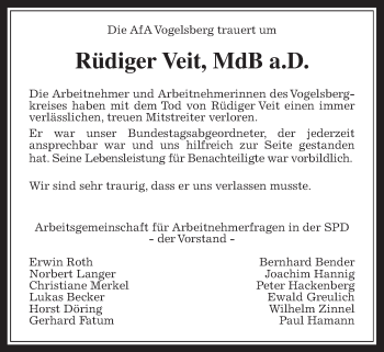Traueranzeige von Rüdiger Veith von Alsfelder Allgemeine