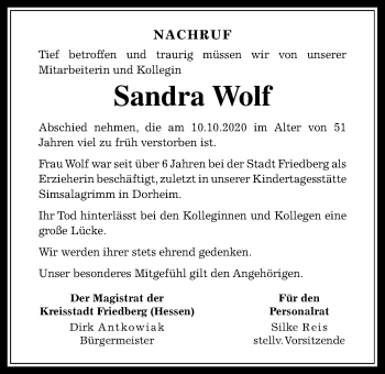 Traueranzeige von Sandra Wolf von Wetterauer Zeitung