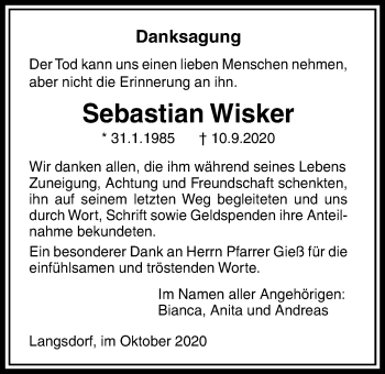 Traueranzeige von Sebastian Wisker von Licher Wochenblatt