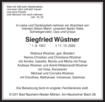 Traueranzeige von Siegfried Wüstner von Wetterauer Zeitung