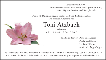 Traueranzeige von Toni Atzbach von Giessener Allgemeine, Alsfelder Allgemeine