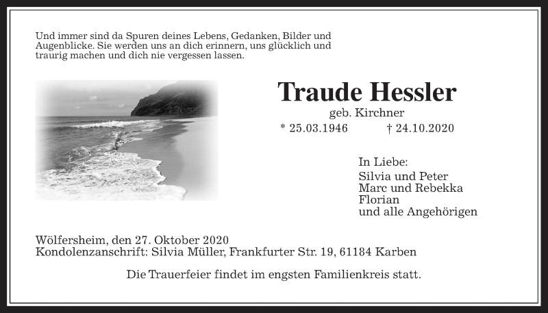  Traueranzeige für Traude Hessler vom 27.10.2020 aus Wetterauer Zeitung