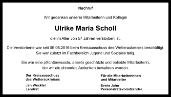 Traueranzeige von Ulrike Maria Scholl von Wetterauer Zeitung
