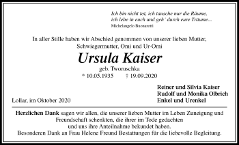 Traueranzeige von Ursula Kaiser von Giessener Allgemeine, Alsfelder Allgemeine