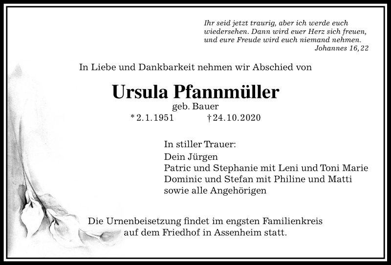  Traueranzeige für Ursula Pfannmüller vom 31.10.2020 aus Wetterauer Zeitung