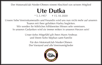 Traueranzeige von Ute Dutka von Alsfelder Allgemeine, Mücker Stimme