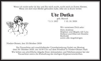 Traueranzeige von Ute Dutka von Giessener Allgemeine, Alsfelder Allgemeine