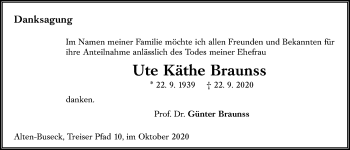Traueranzeige von Ute Käthe Braunss von Giessener Allgemeine, Alsfelder Allgemeine