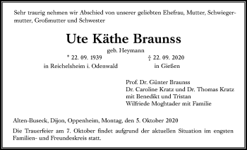 Traueranzeige von Ute Käthe Braunss von Giessener Allgemeine, Alsfelder Allgemeine