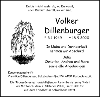 Traueranzeige von Volker Dillenburger von Wetterauer Zeitung