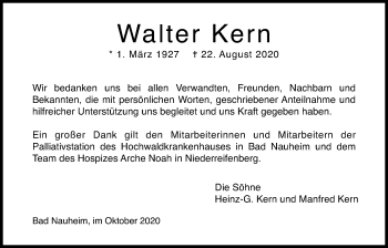 Traueranzeige von Walter Kern von Wetterauer Zeitung