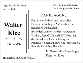 Traueranzeige von Walter Klee von Pohlheimer Nachrichten