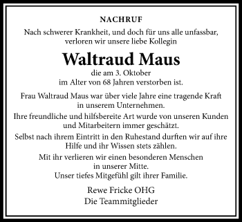 Traueranzeige von Waltraud Maus von Alsfelder Allgemeine