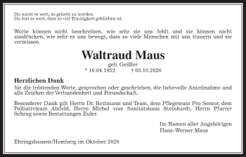 Traueranzeige von Waltraud Maus von Alsfelder Allgemeine