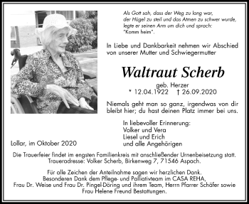 Traueranzeige von Waltraut Scherb von Giessener Allgemeine, Alsfelder Allgemeine