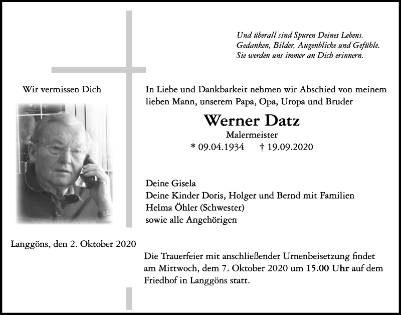  Traueranzeige für Werner Datz vom 02.10.2020 aus Giessener Allgemeine, Alsfelder Allgemeine