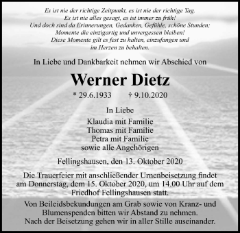Traueranzeige von Werner Dietz von Giessener Allgemeine, Alsfelder Allgemeine