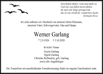 Traueranzeige von Werner Garlang von Bad Vilbel/Karben